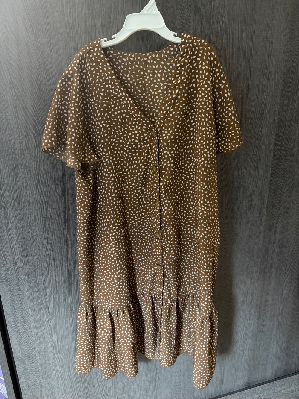 Brown Dot-Print V-Neck Ruffle-Hem Women's Dress